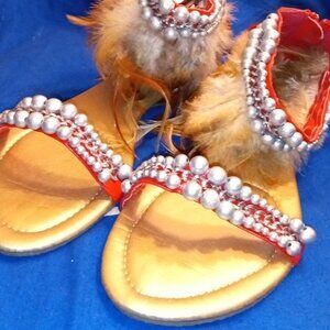 RUNWAY READY  Red Feather Rhinestone Jeweled  Sandal